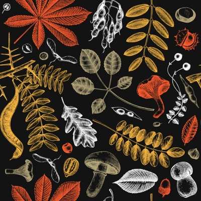 Autumn leaves seamless pattern. With hand sketched forest plants, pumpkins,nuts, berries, mushrooms illustrations. Perfect for invitation, textile, wrapping, packaging. Elegant autumn backdrop
